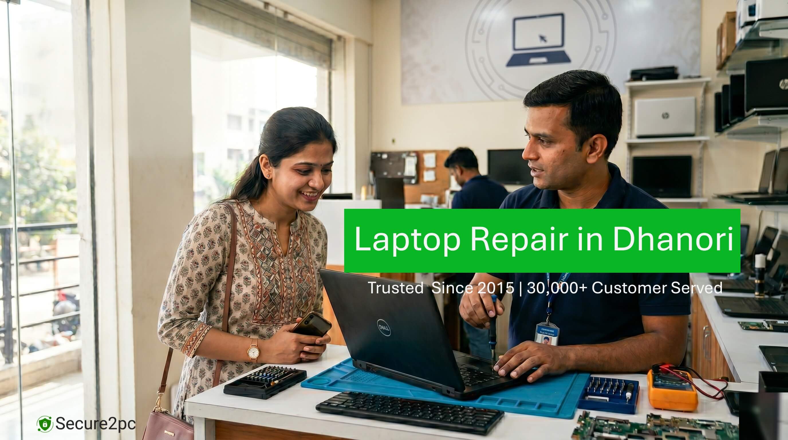 Professional computer engineer performing chip-level laptop repair service in Dhanori Pune - Secure2pc